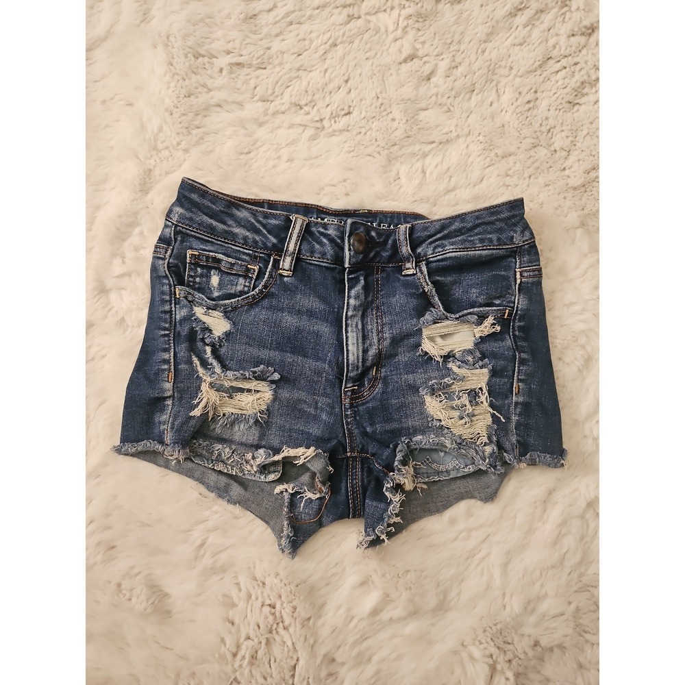 American Eagle Super Stretch Denim Shorts Womens Size 4 Hi-Rise Distressed Blue - Picture 2 of 12